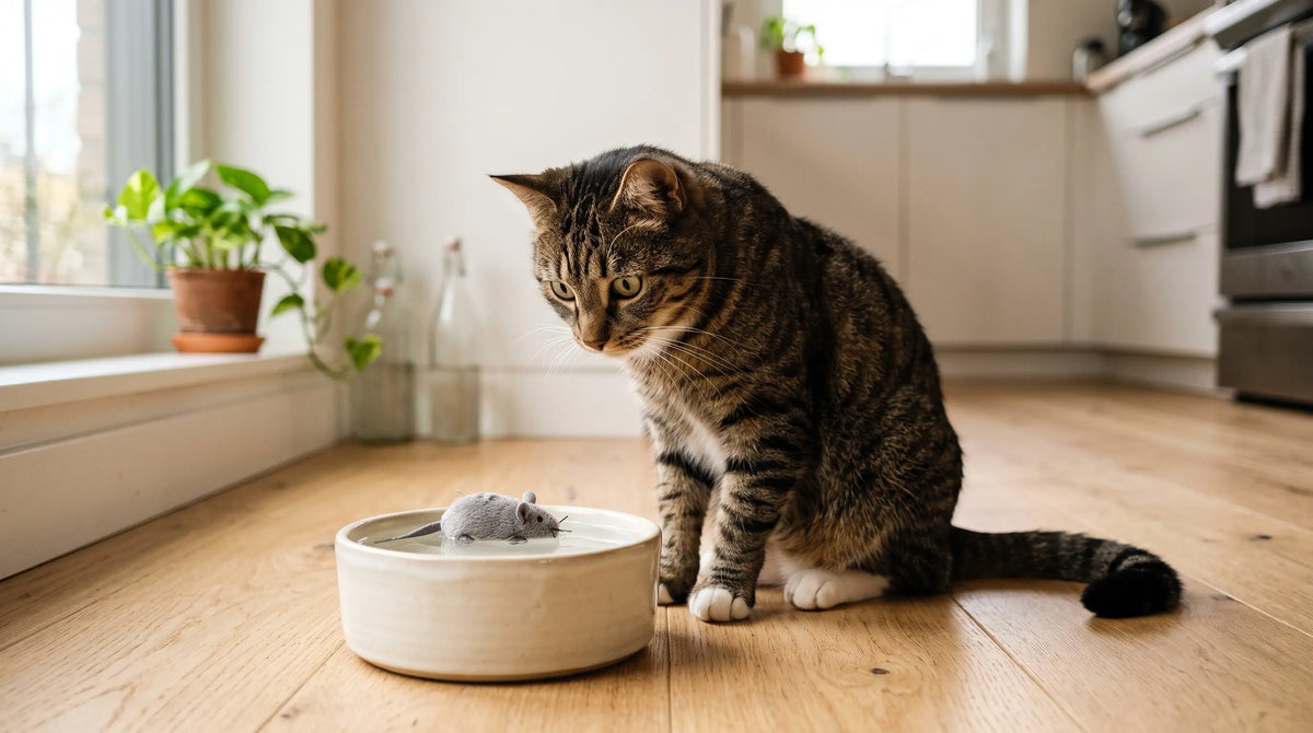 Chat tigré assis devant sa gamelle d'eau dans laquelle flotte une petite souris jouet