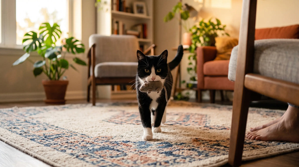 Chat noir et blanc qui rapporte une souris jouet dans sa gueule vers son propriétaire