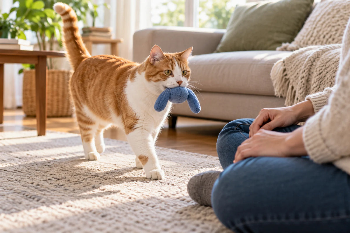 Chat roux et blanc rapportant un jouet bleu dans sa gueule vers une personne assise.
