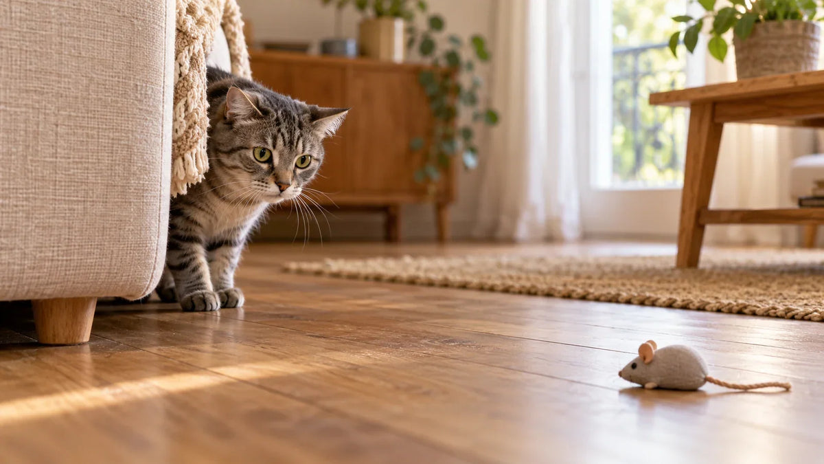 Chat tigré abrité près d’un canapé observant une souris jouet à distance. Image