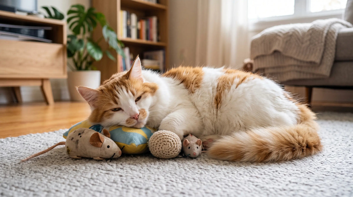 Chat blanc et roux couché sur plusieurs jouets en peluche posés sur un tapis