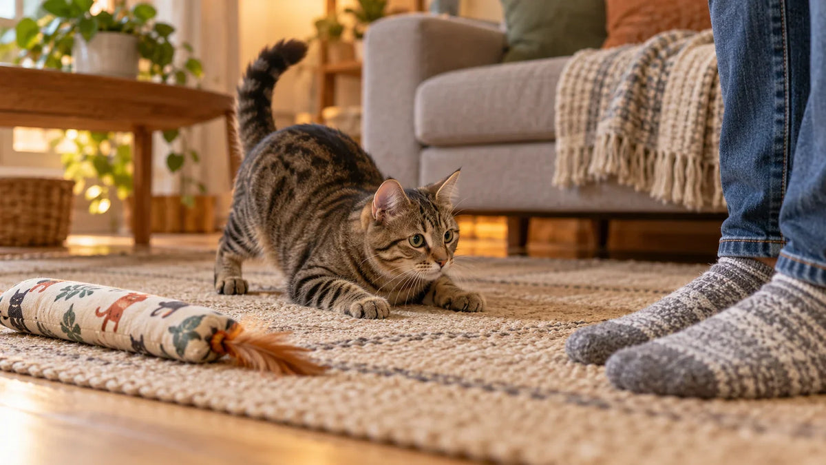Jeune chat tigré observant les pieds de son propriétaire, près d’un jouet en tissu.
