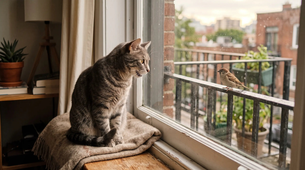 Chat tigré gris assis à la fenêtre qui fixe un moineau posé sur le balcon Image