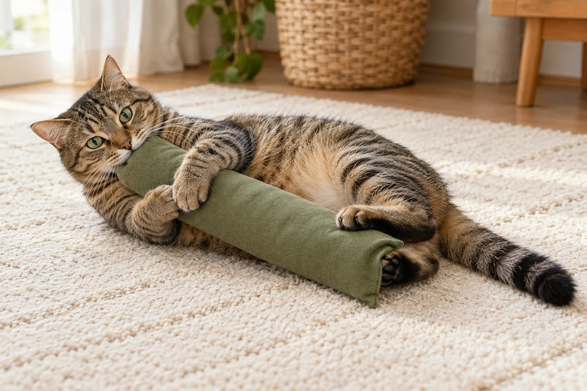 Chat tigré couché sur un tapis, tenant un coussin vert entre ses pattes avant et arrière.