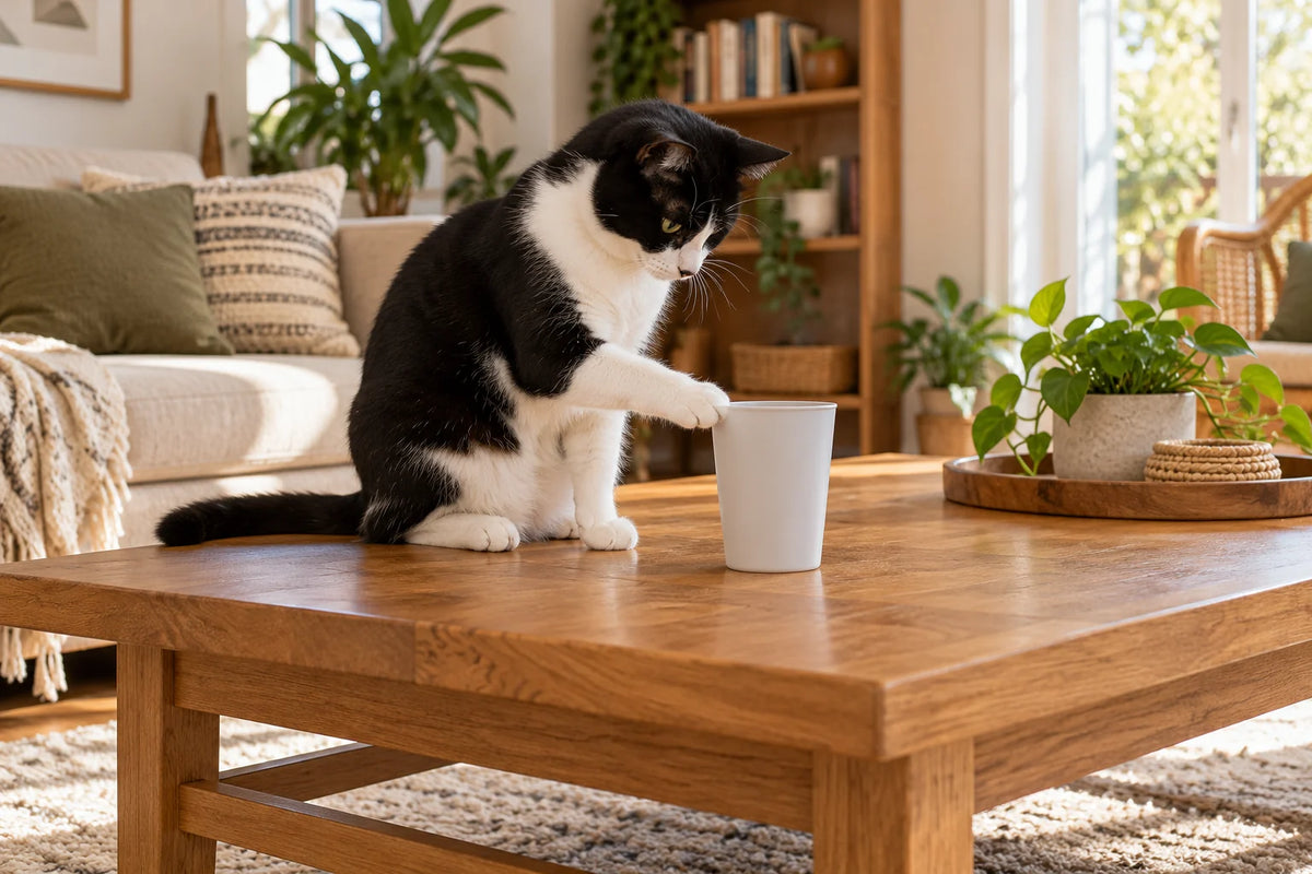 Chat noir et blanc assis sur une table basse, touchant le bord d’un gobelet blanc avec sa patte. Image