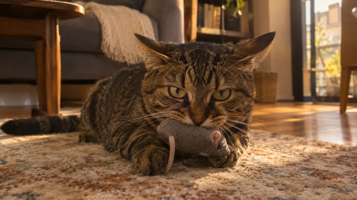 Chat tigré couché sur un tapis qui serre une souris en peluche dans sa gueule
