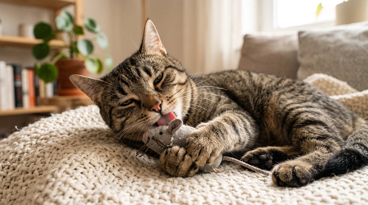Chat tigré couché qui tient une souris en tissu entre ses pattes et la lèche