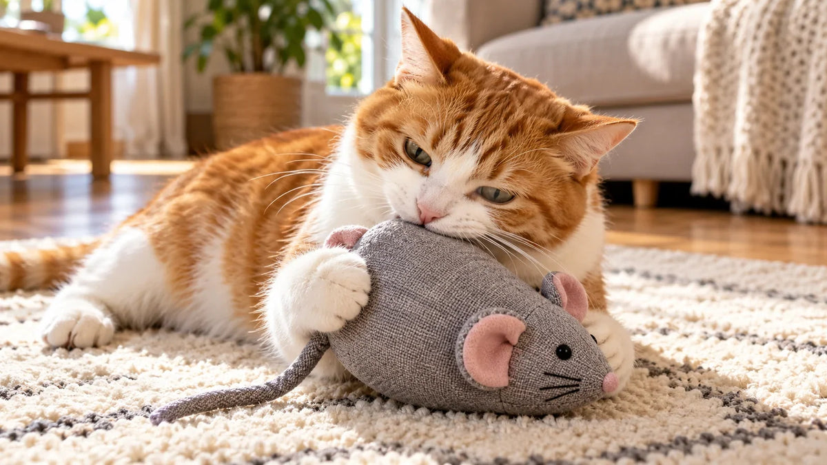 Chat roux et blanc mordillant une souris en tissu tenue entre ses pattes.