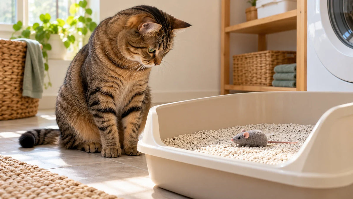 Chat tigré devant une litière contenant une souris jouet en tissu.