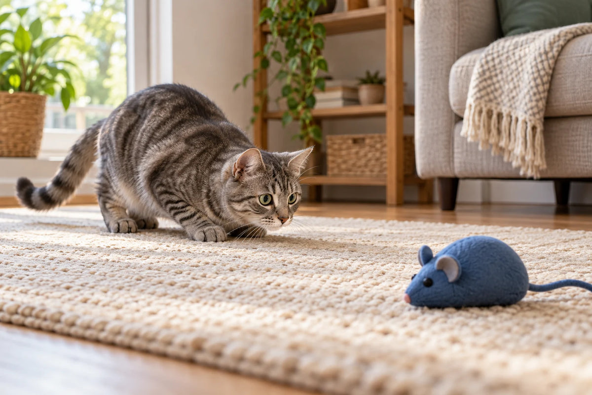 Chat tigré accroupi sur un tapis, l’arrière-train relevé, observant une souris en tissu bleue.