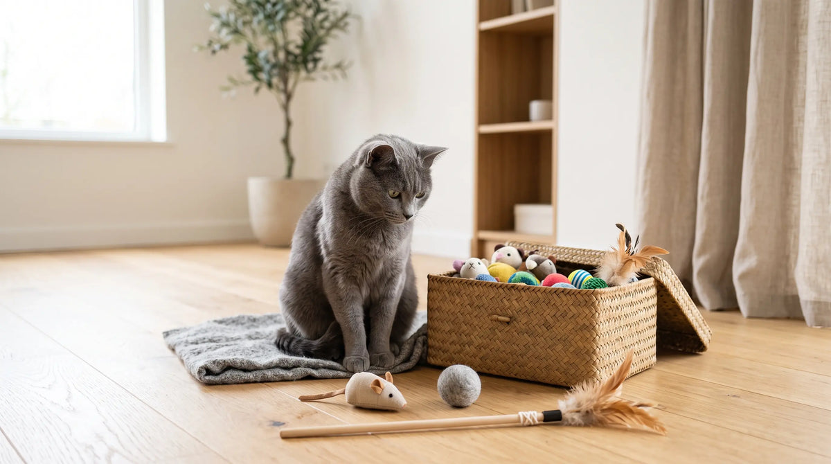 Chat gris assis à côté d'une boîte de rangement, trois jouets posés au sol devant lui