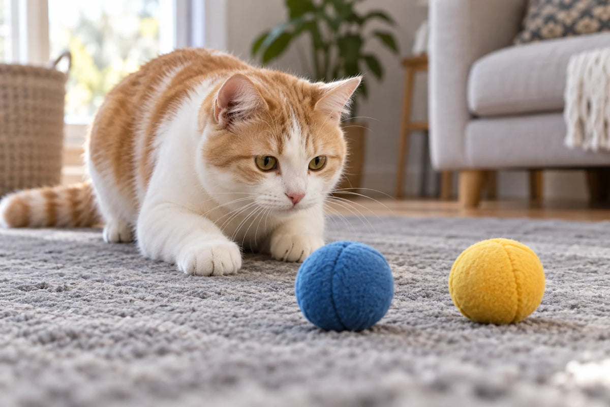 Chat roux et blanc observant deux balles en tissu, l’une bleue et l’autre jaune, sur un tapis gris. Image