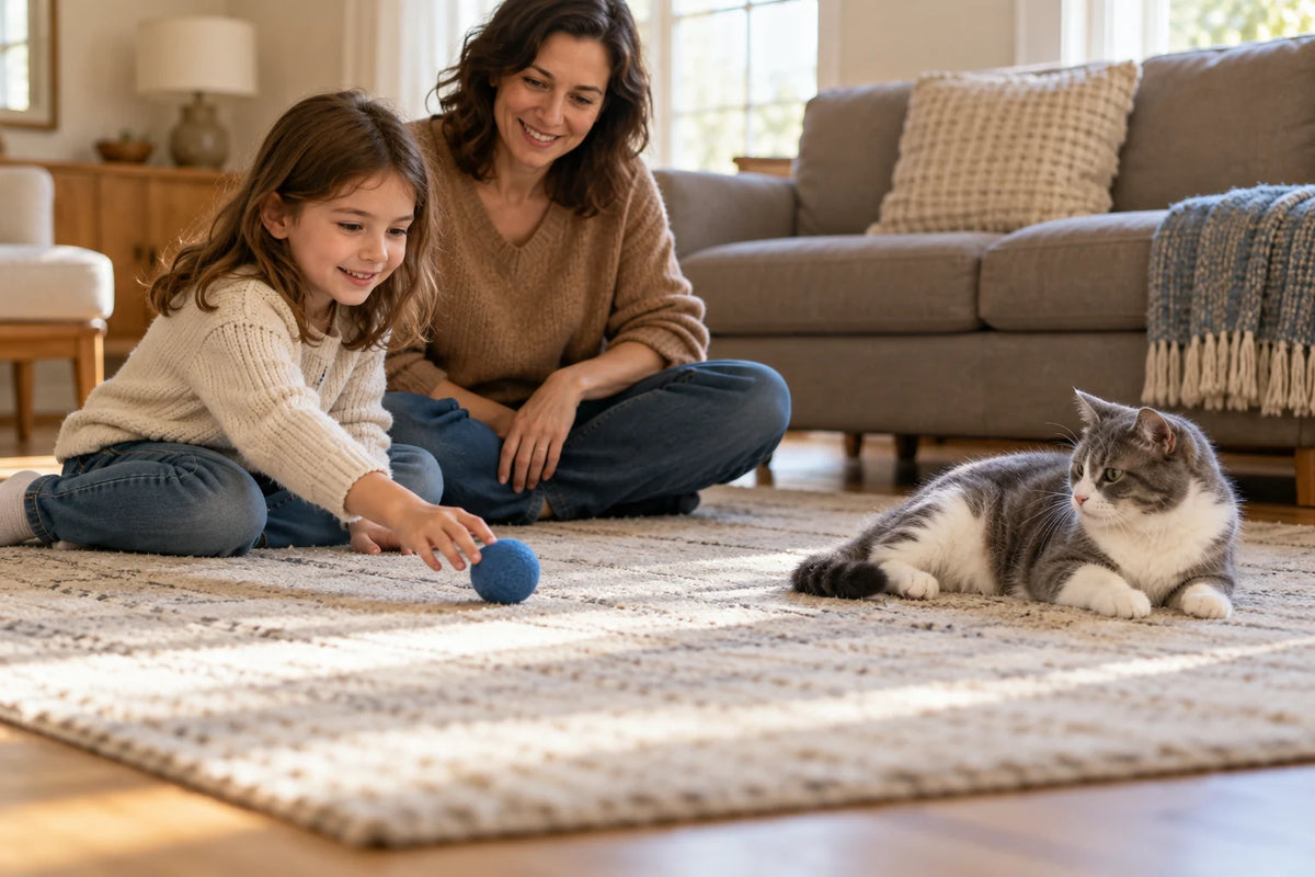 Enfant faisant rouler une balle bleue vers un chat gris et blanc, sous le regard d’un adulte assis à côté. Image