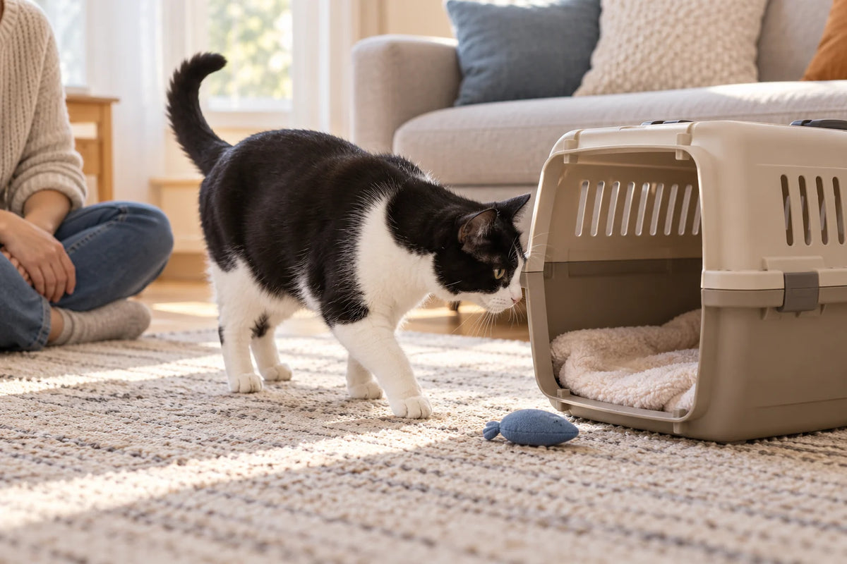 Chat noir et blanc approchant une caisse de transport ouverte, avec un jouet bleu posé devant l’entrée.