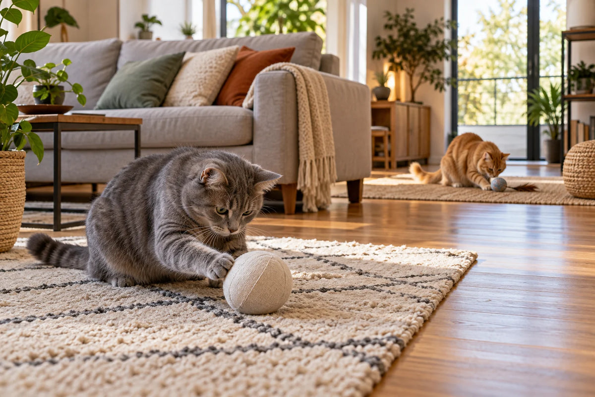 Deux chats jouent chacun avec une balle sur deux tapis éloignés dans un salon. Image