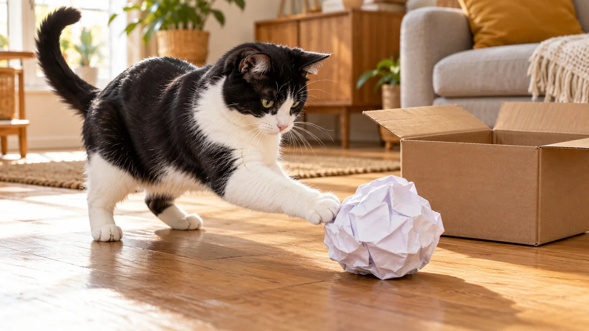 Chat noir et blanc jouant avec une boule de papier près d’un carton.
