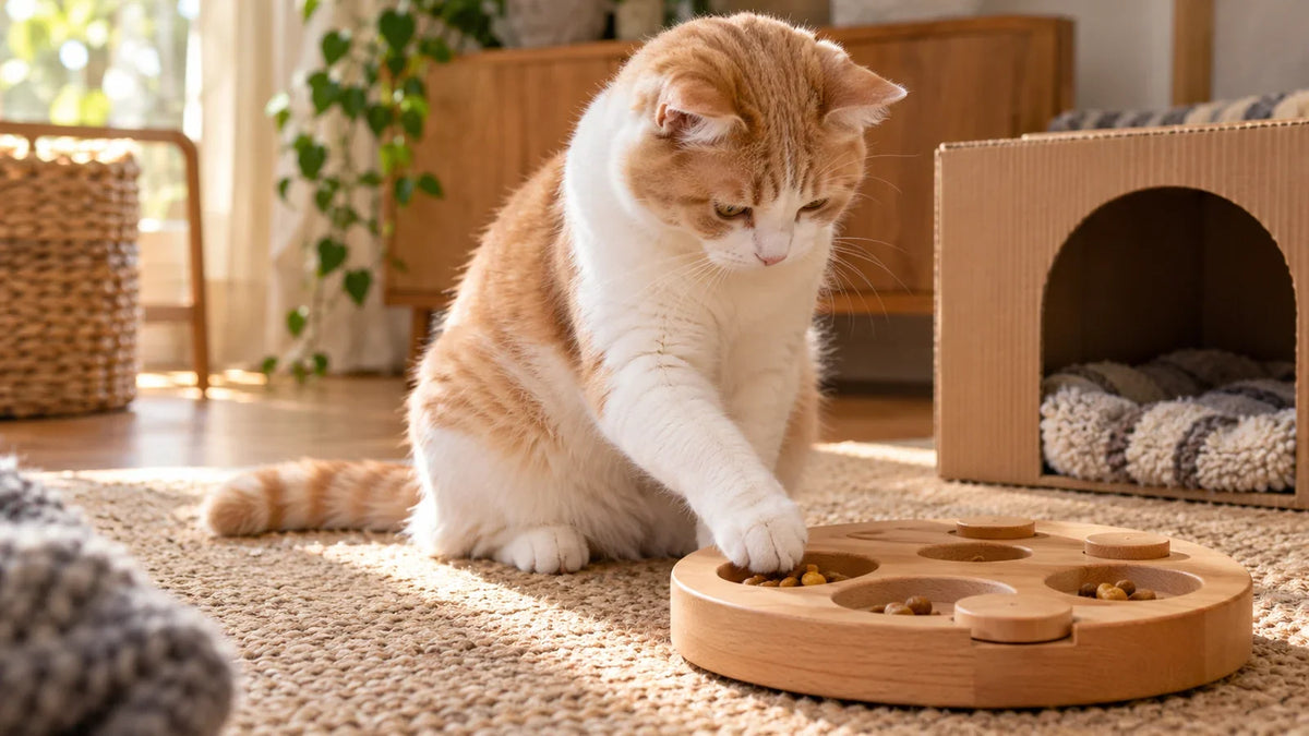 Chat jouant calmement avec un puzzle alimentaire près d’une cachette en carton. Image