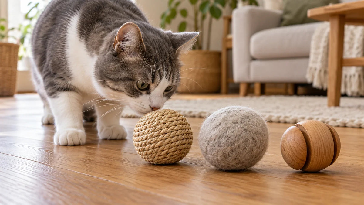 Chat reniflant des jouets en sisal, en laine feutrée et en bois. Image