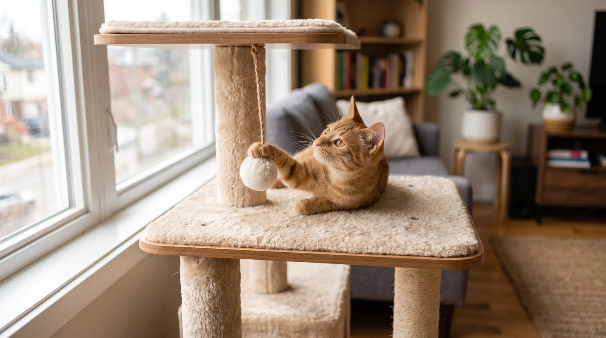 Chat roux couché sur un arbre à chat qui attrape un pompon suspendu Image