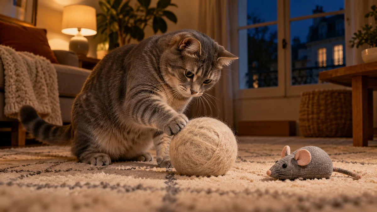 Chat jouant avec une balle en laine sur un tapis dans un salon éclairé la nuit. Image