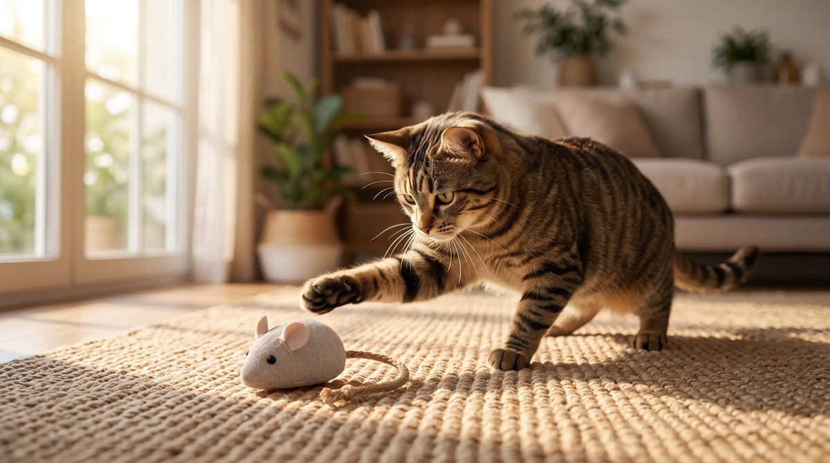 Chat d'intérieur qui s'ennuie et joue avec un jouet en appartement Image