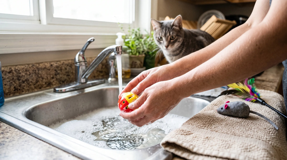 Mains qui lavent une balle pour chat dans un évier, jouets en train de sécher à côté
