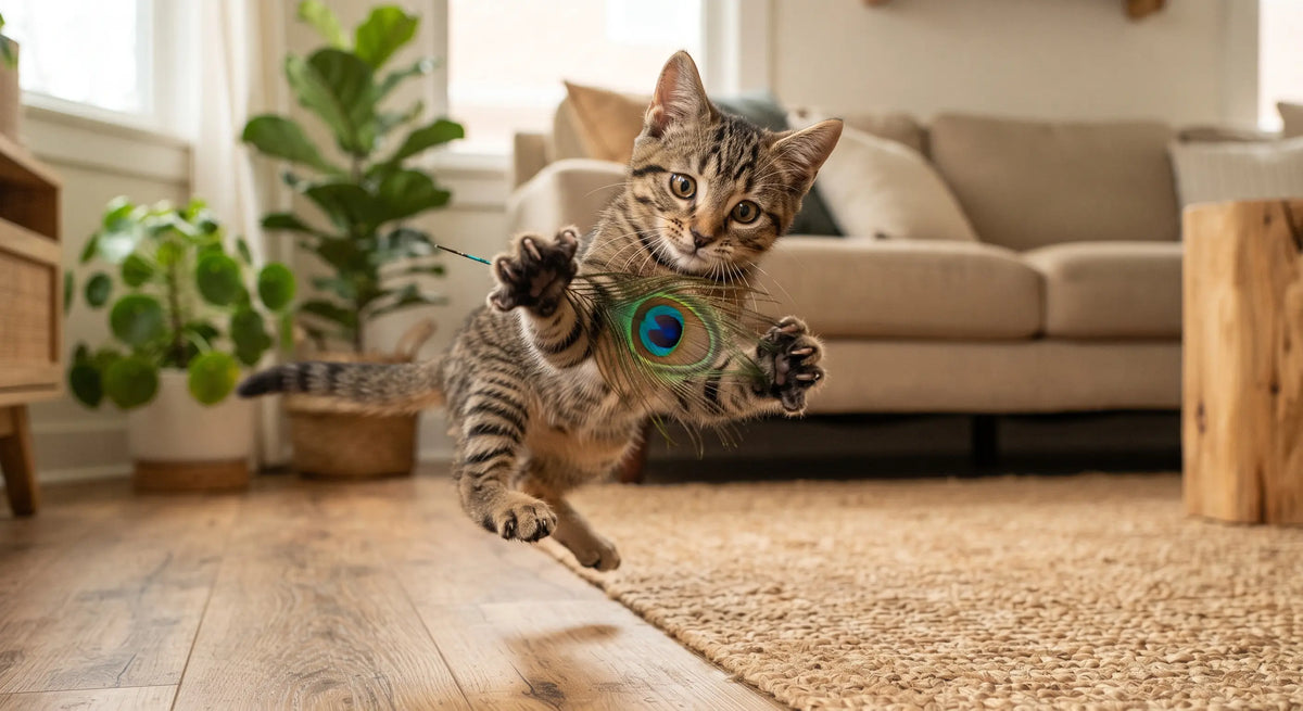 Chaton jouant avec un jouet plume
