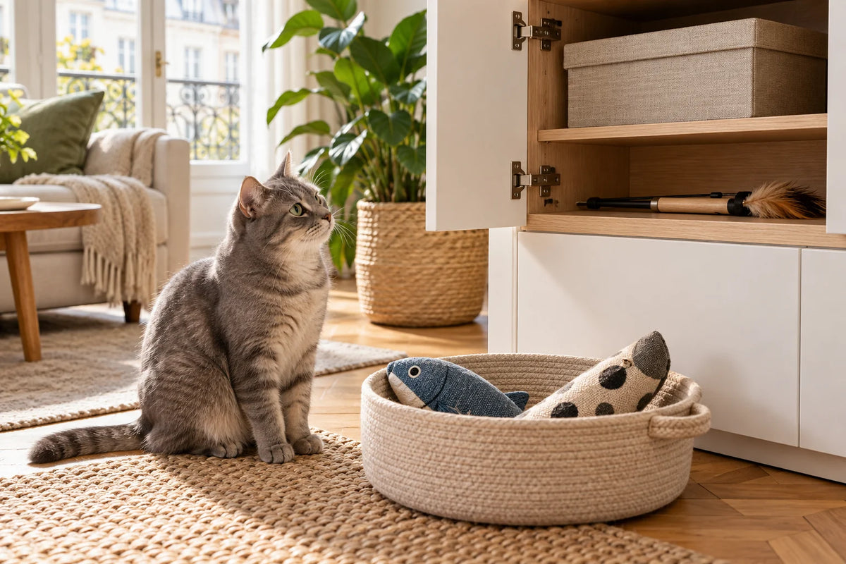 Chat assis près d’un panier de peluches, avec une boîte et une canne à jeu rangées dans un meuble ouvert.