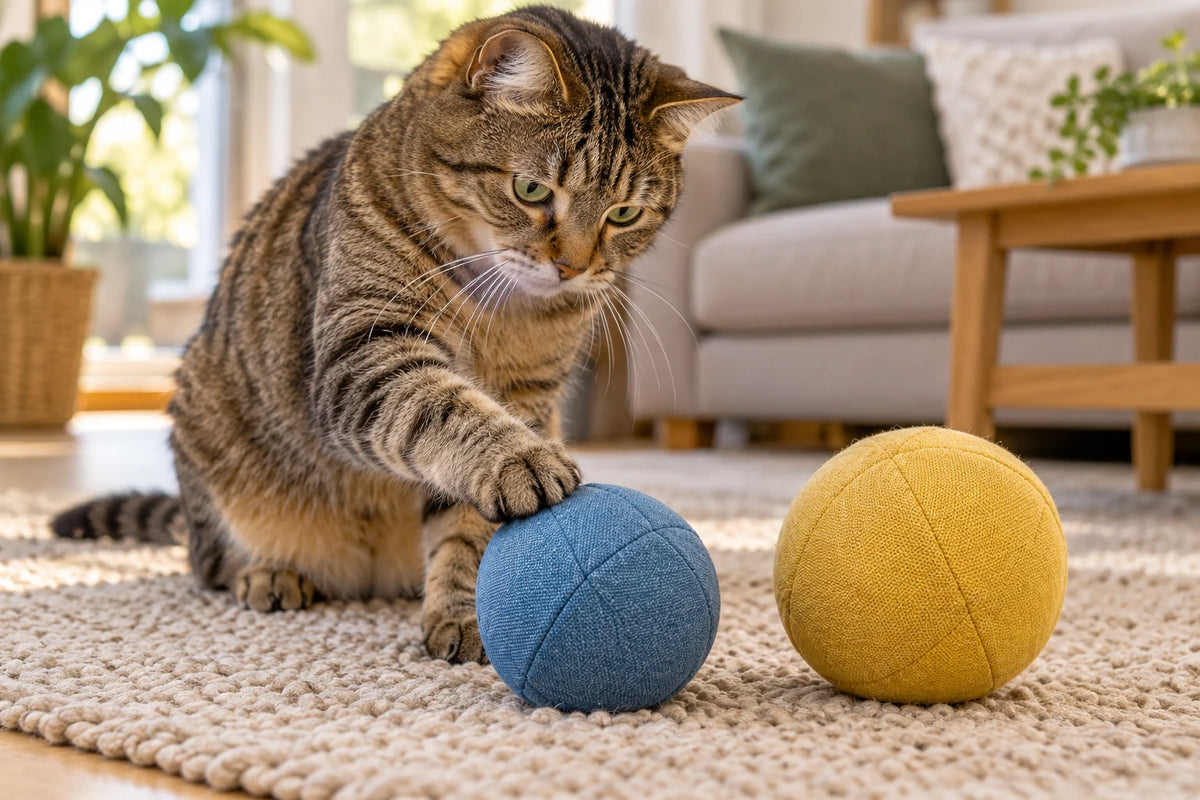 Chat tigré posant une patte sur une balle bleue, à côté d’une balle jaune plus grande. Image