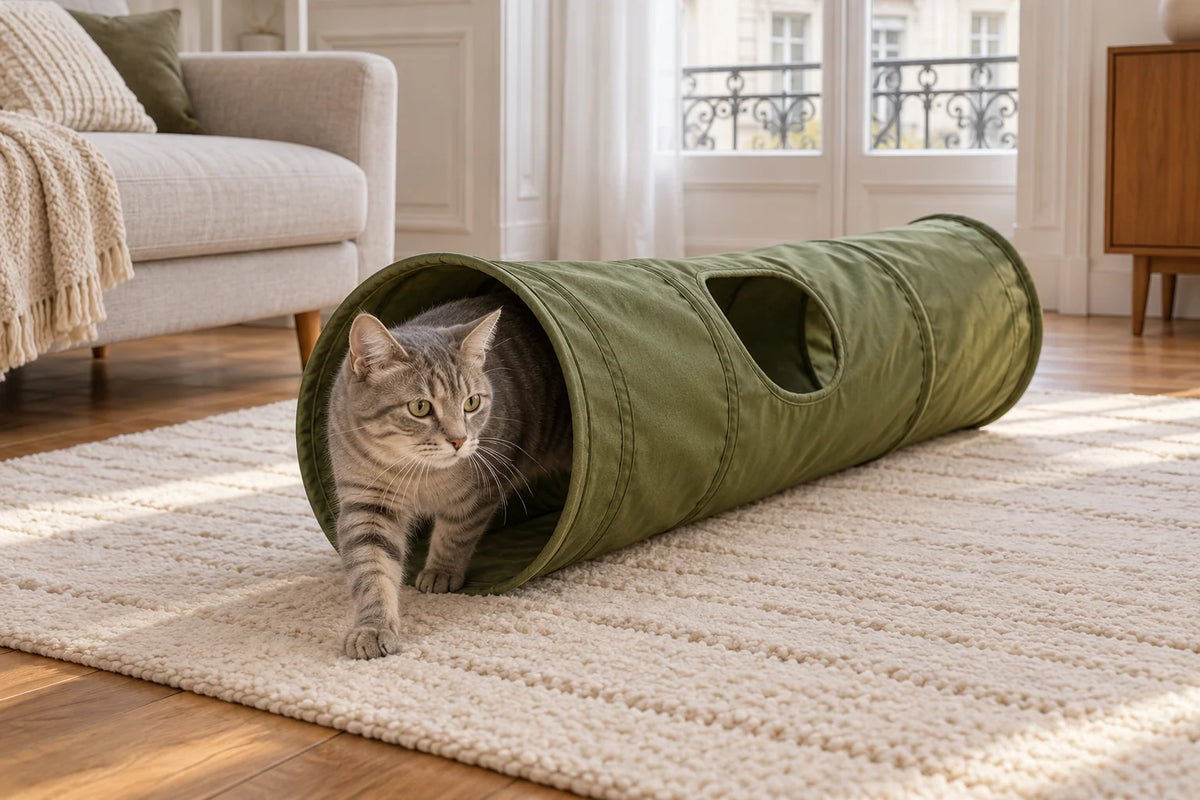 Chat tigré sortant d’un tunnel en tissu vert installé sur un tapis clair dans un salon. Image