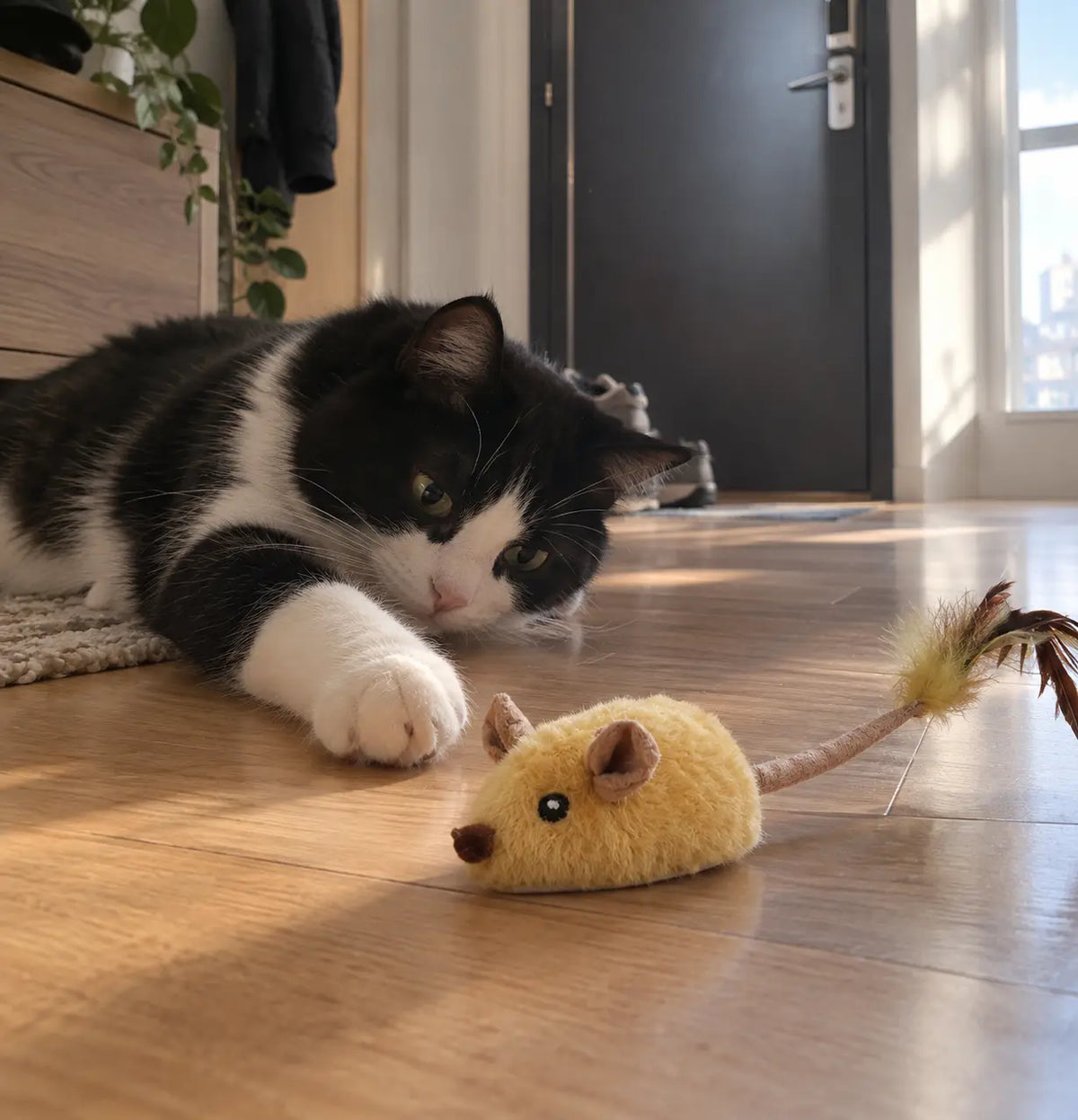 Chat couché tendant la patte vers une souris en peluche jaune arrêtée sur le sol Image