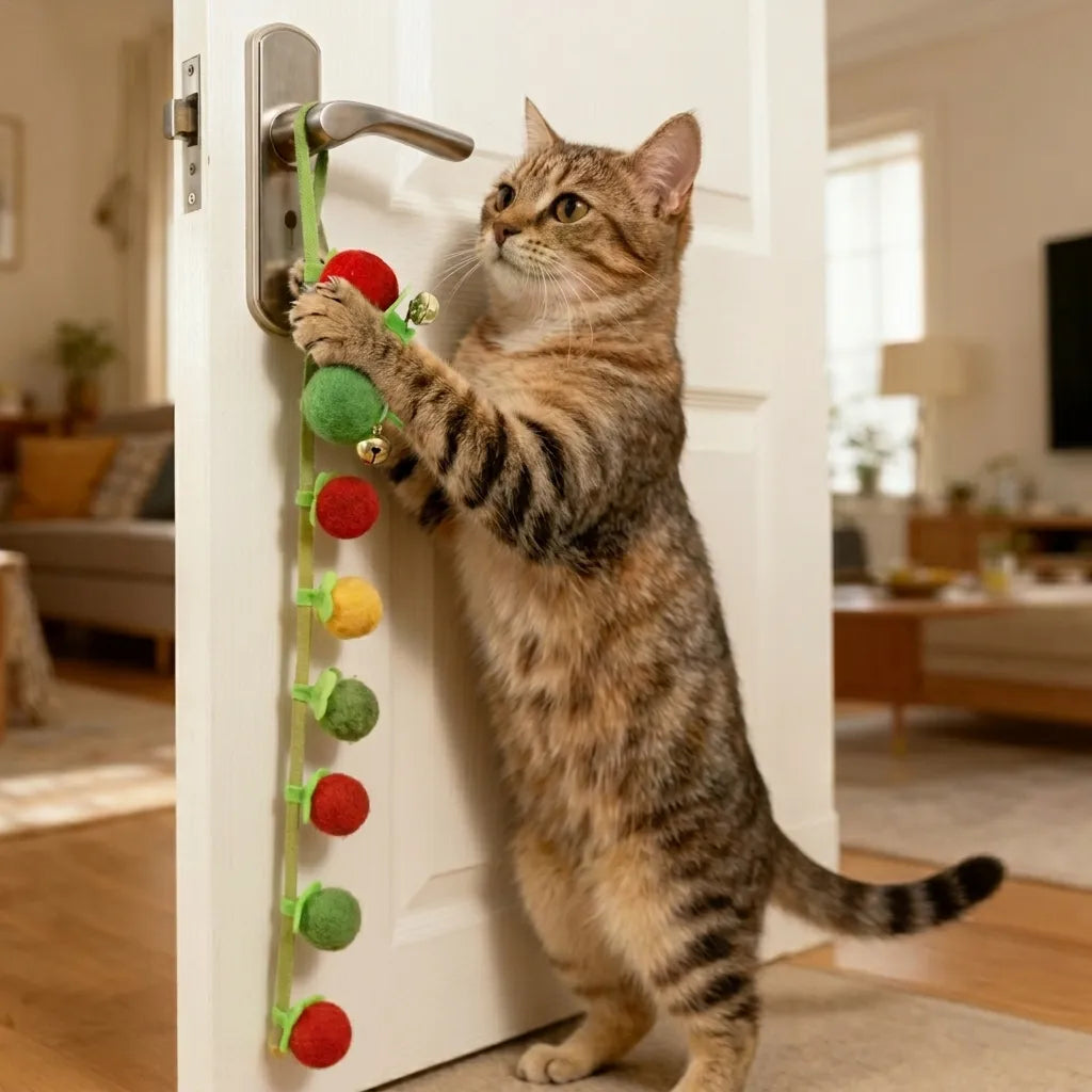 Chat étiré de tout son long pour attraper le jouet interactif suspendu à la poignée de porte de la maison.