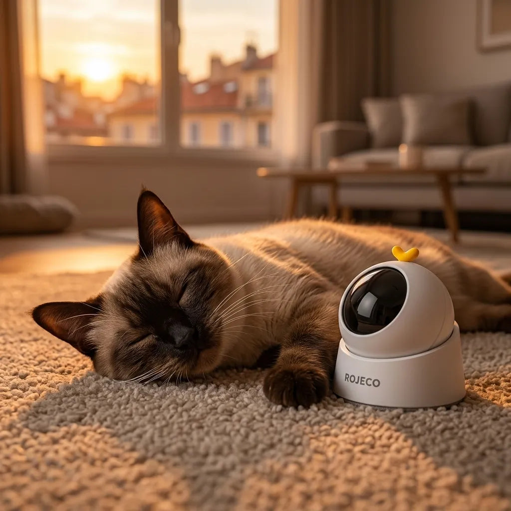 Chat adulte se reposant calmement à côté de son laser autonome en mode veille temporisée. Image