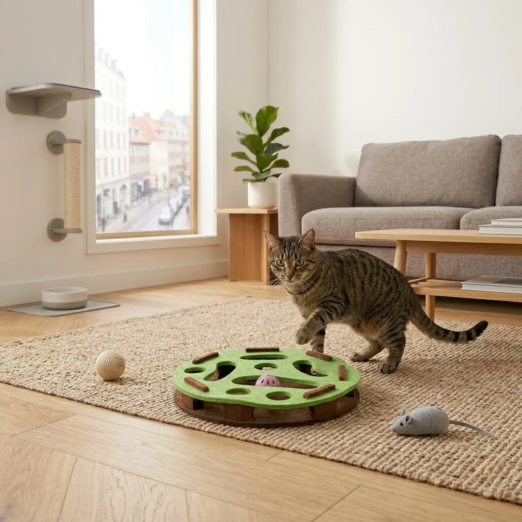 Chat tigré se dirigeant vers son plateau puzzle interactif posé sur le grand tapis du salon pour une session de jeu. Image