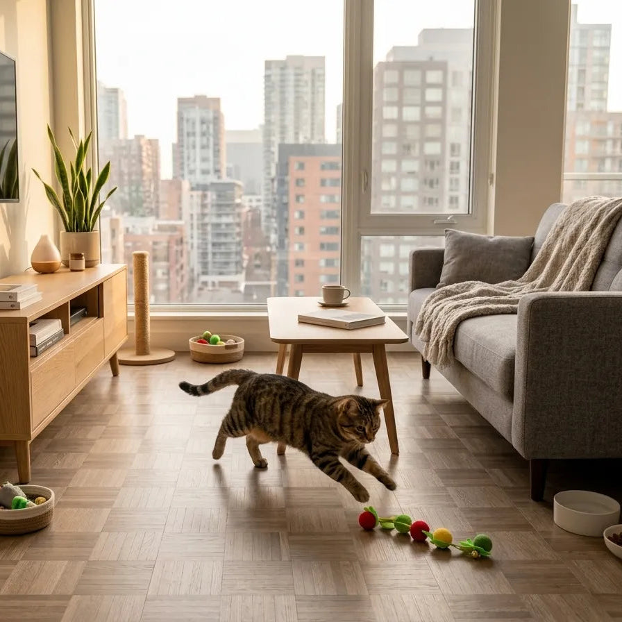 Chat d'appartement en plein bond chassant son jouet coloré à clochette sur le parquet du salon.