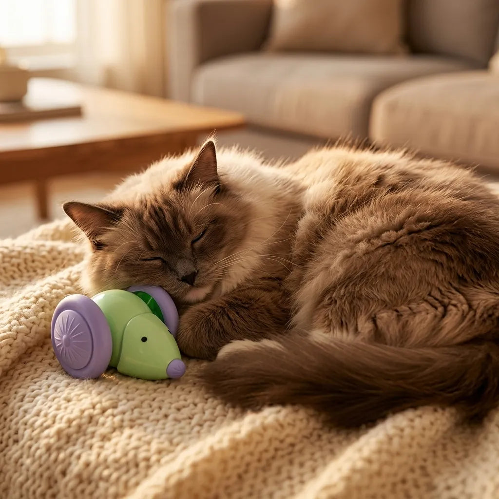 Chat adulte se reposant calmement à côté de son jouet souris motorisée éteinte après s'être dépensé. Image