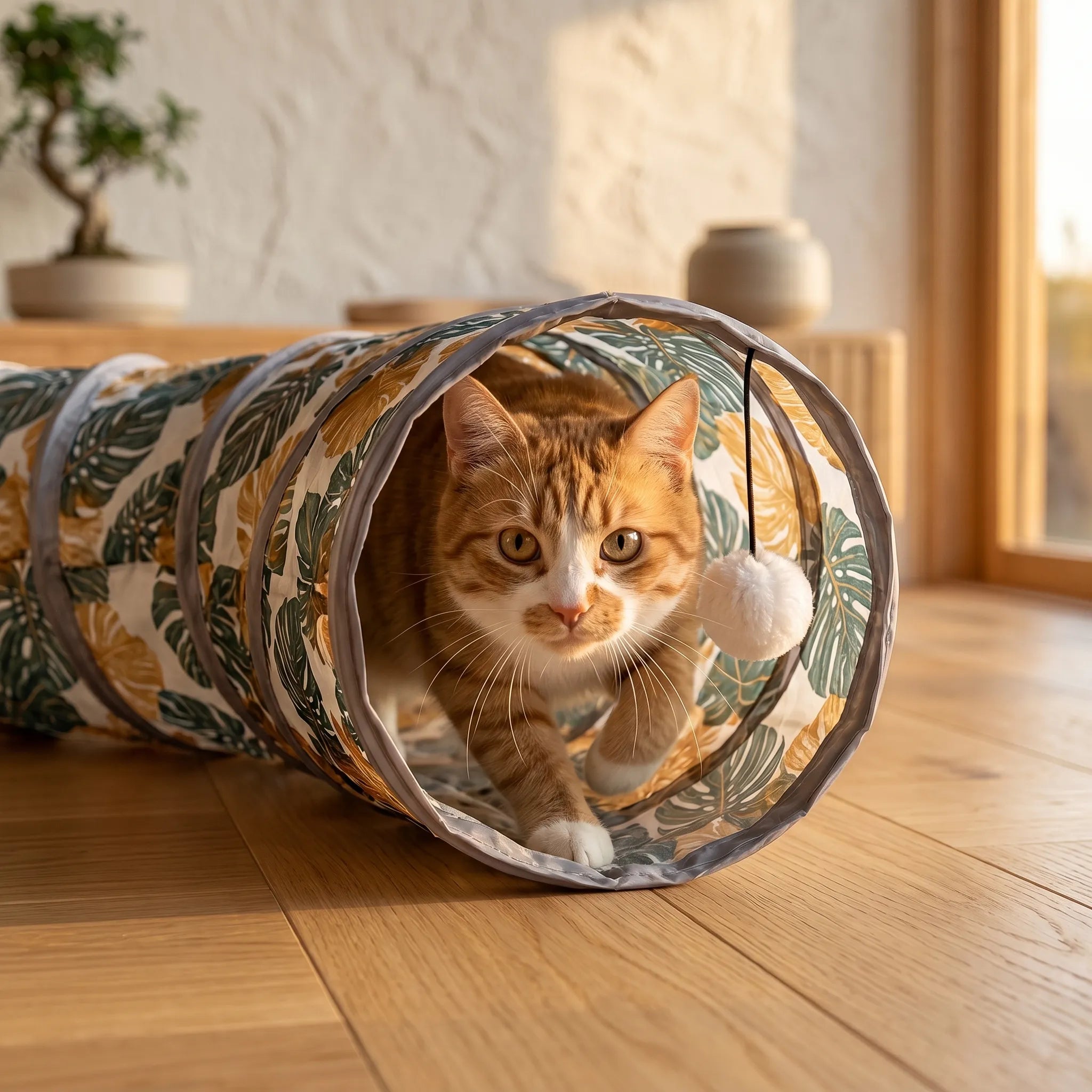 Chat roux aux aguets à l'intérieur d'un tunnel de jeu, fixant une balle suspendue dans un intérieur lumineux. Image