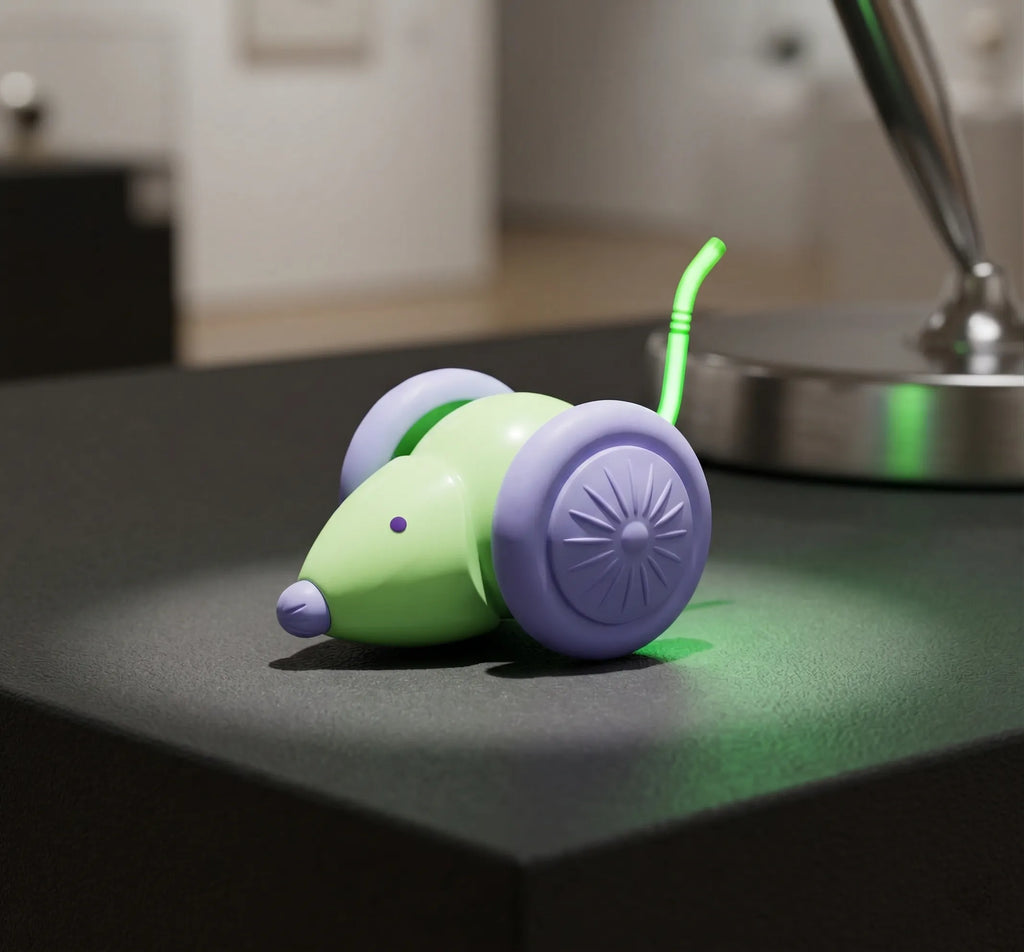 Vue détaillée du format compact de la souris motorisée pour chat avec sa tige LED lumineuse allumée.