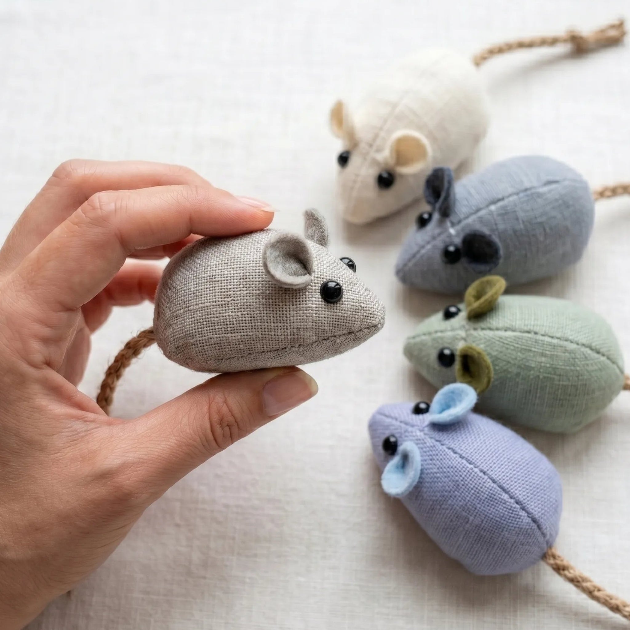 Main tenant une souris en peluche grise, illustrant le format compact du lot de jouets aux couleurs pastel variées. Image
