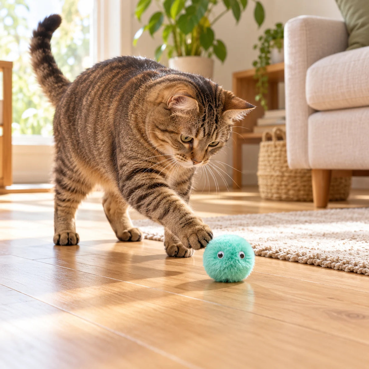 Chat tigré jouant avec une balle sonore en peluche vert d’eau dans un salon lumineux. Image