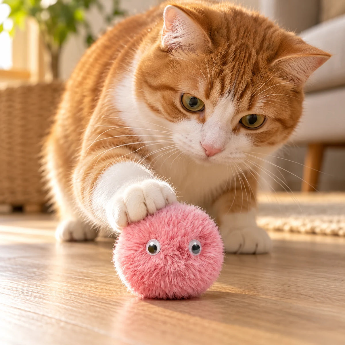 Gros plan d’un chat roux touchant de la patte une balle sonore rose en peluche. Image