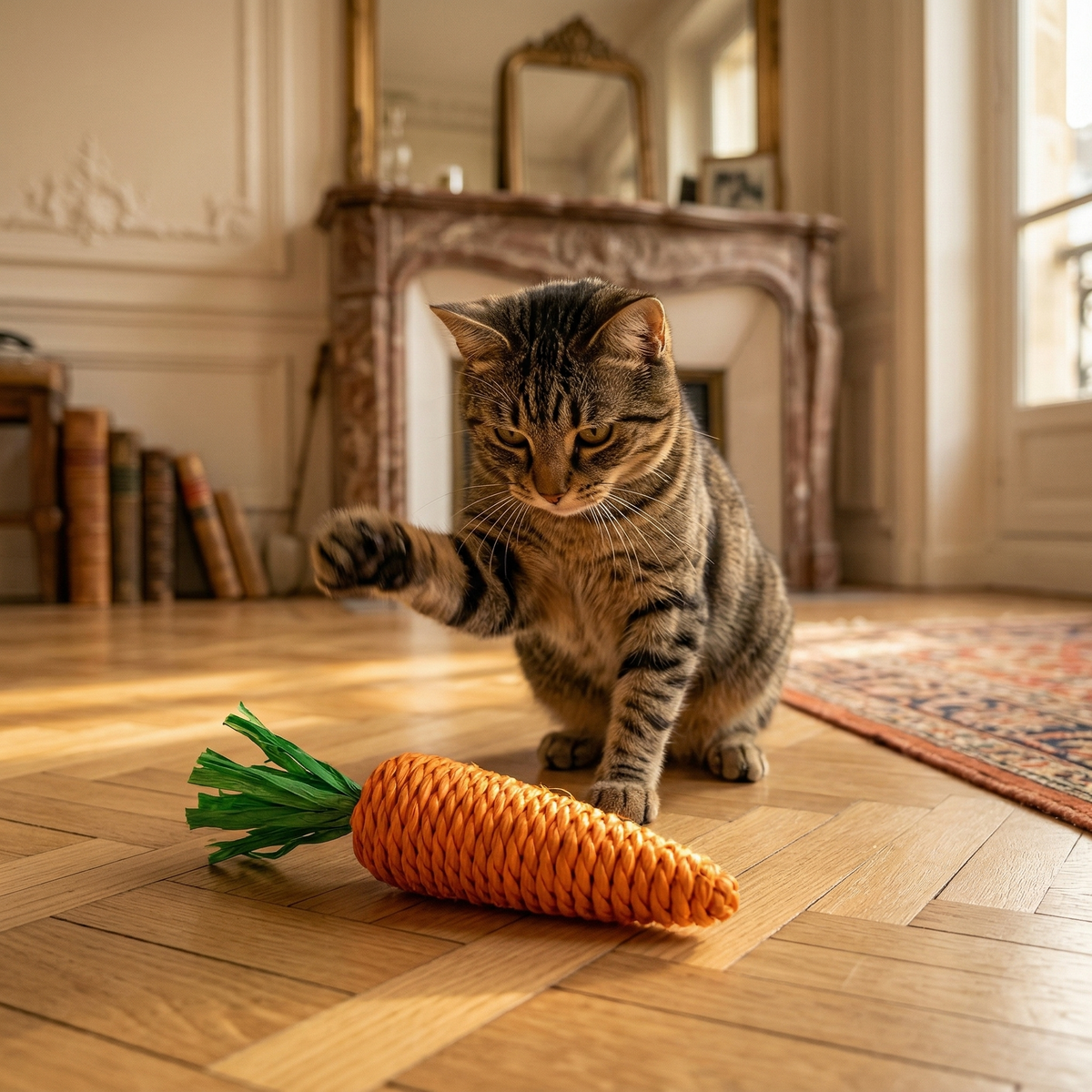 Chat tigré assis sur un parquet en bois levant la patte pour attraper son jouet carotte en sisal.