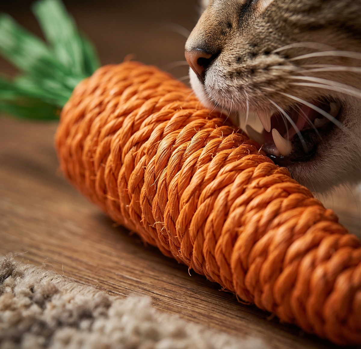 Gros plan sur un chat mordant un jouet carotte en sisal, illustrant l'action de frottement naturel sur ses dents.