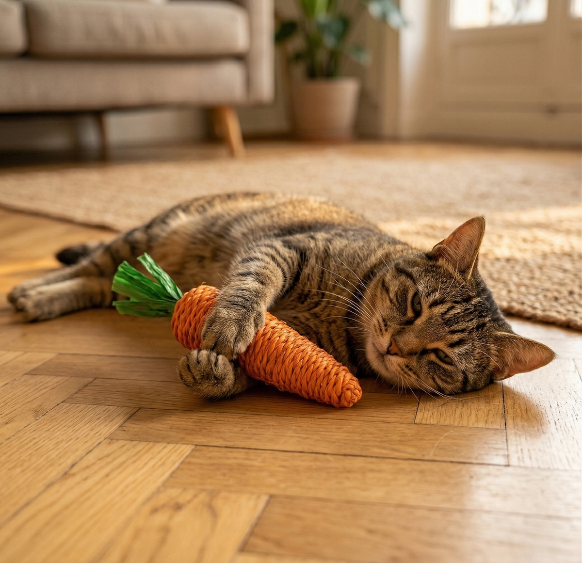 Chat adulte couché de tout son long sur le sol, tenant fermement son jouet carotte en sisal entre ses pattes avant.