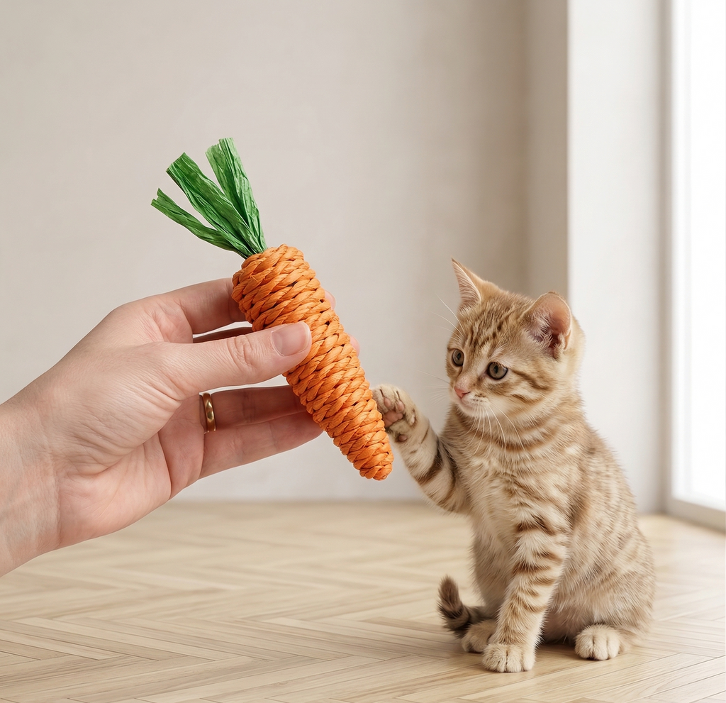 Main humaine présentant le jouet carotte en sisal à un jeune chaton roux curieux qui tend la patte pour jouer.