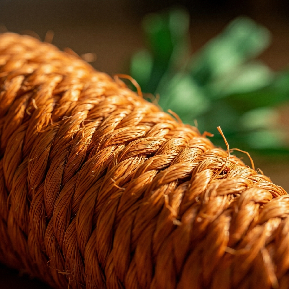 Gros plan détaillé sur la texture robuste et rugueuse de la corde en sisal tressée composant le jouet pour chat.