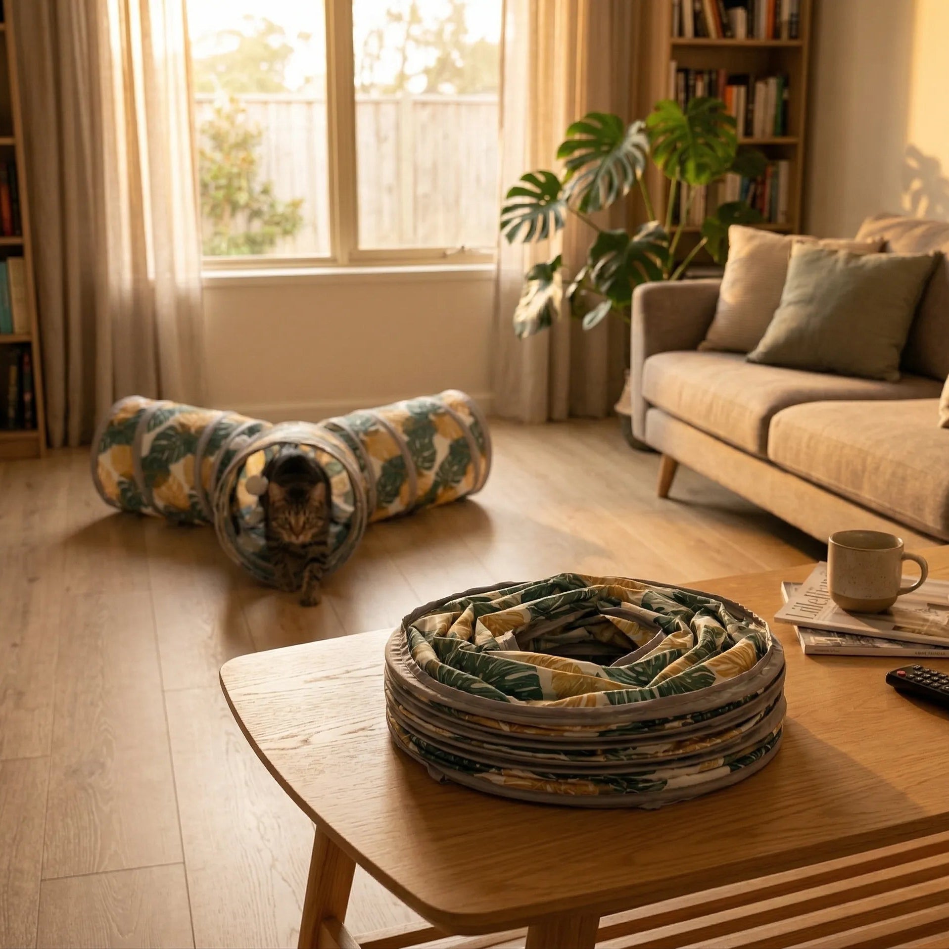 Tunnel pour chat pliable et compacté sur une table basse, avec un autre tunnel déplié et un chat tigré en arrière-plan Image
