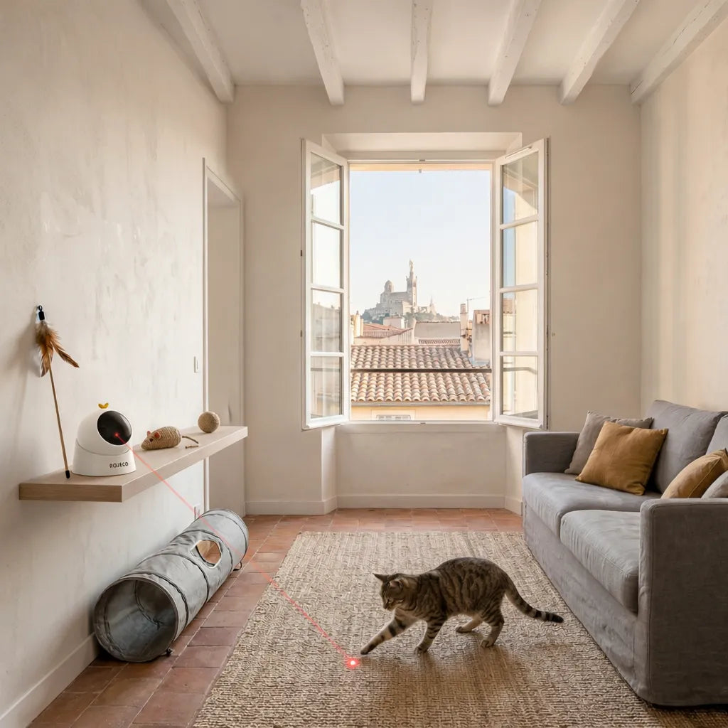 Chat tigré jouant avec le faisceau rouge du jouet laser automatique placé en hauteur sur une étagère.