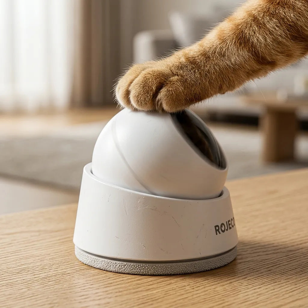 Gros plan sur la conception robuste en ABS du jouet laser pour chat avec une base magnétique stable.
