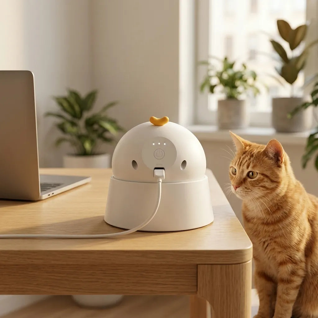 Jouet laser automatique pour chat en cours de recharge via son port USB-C, observé par un chat.